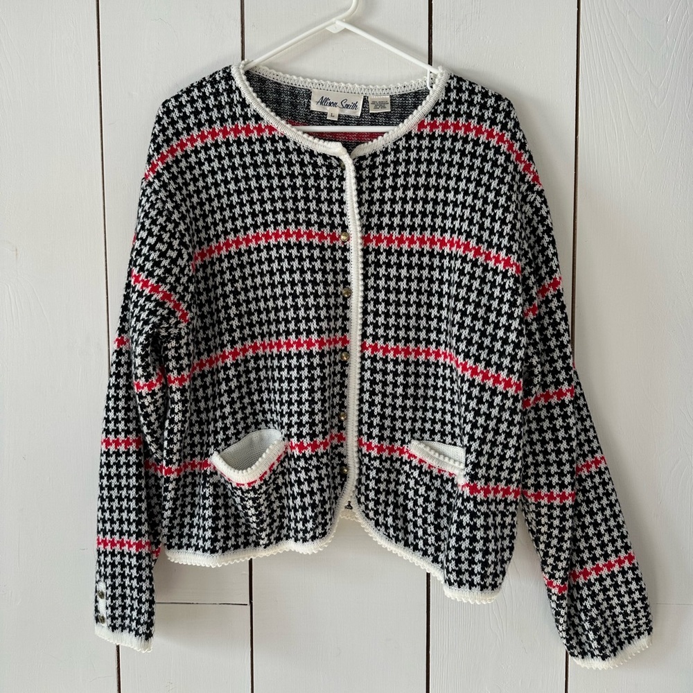Vintage Allison Smith Houndstooth Cardigan Sweater Sz L-XL Black White Red